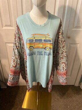 Follow the Music Upcycled Graphic T-Shirt with Boho Printed Flowy Sleeves - OSFM